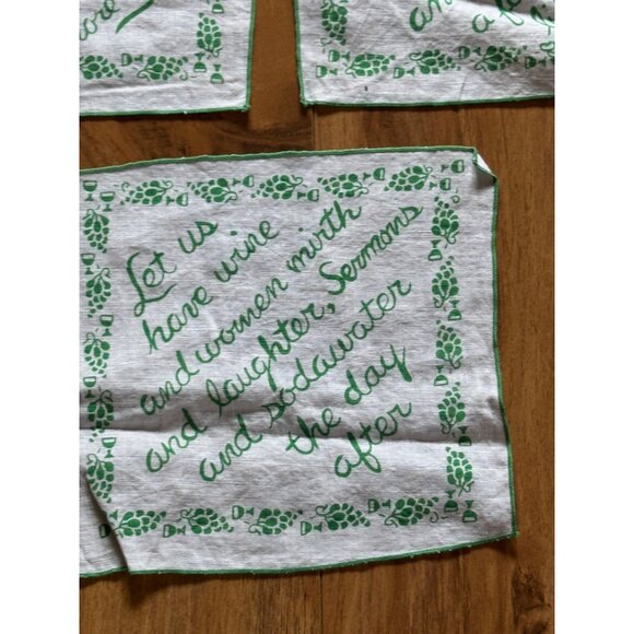 Vintage Irish Linen Cocktail Napkins With Green Wine & Whiskey Quotes Set Of 7 - Picture 2 of 11